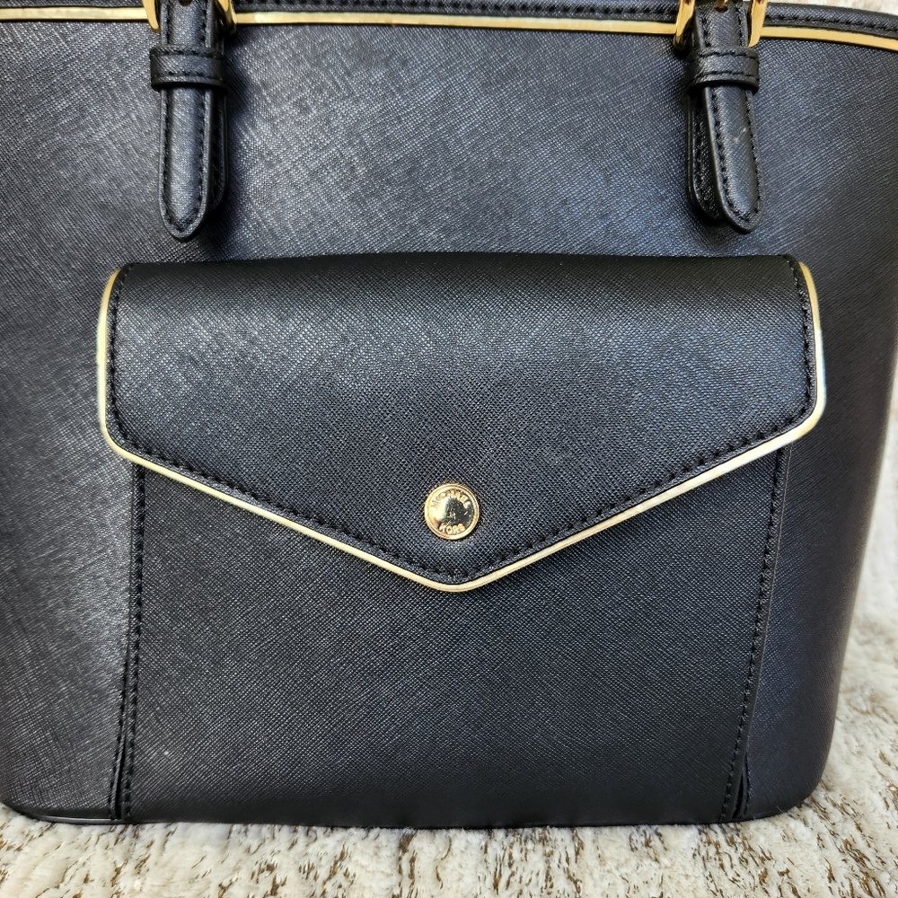 Michael Kors "Saffiano Frame" Jet Set Medium Tote Purse Black Leather Authentic - Picture 3 of 15